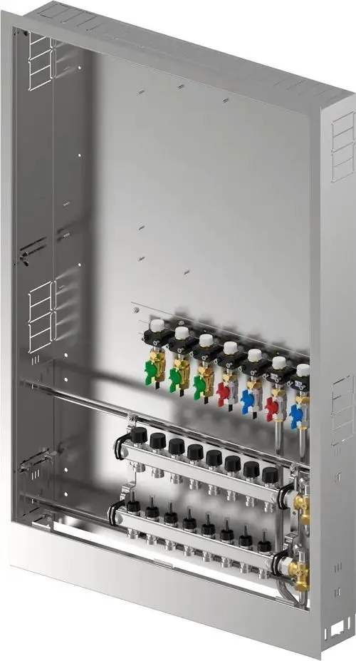 Uponor Verteiler mit mehreren Anschlüssen und Ventilen, ideal für Heizungs- oder Kühlsysteme, in einem robusten Gehäuse montiert.